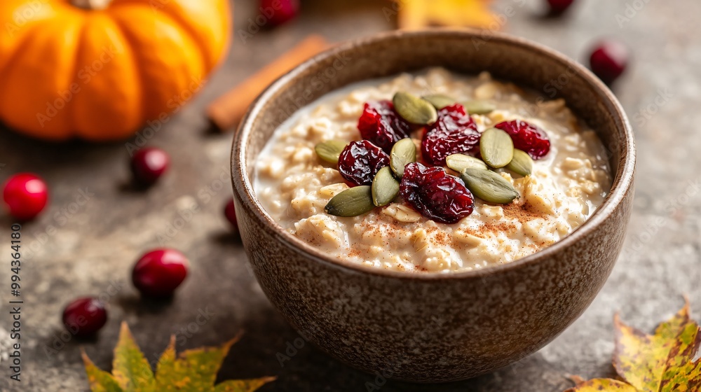 A creamy oatmeal bowl topped with pumpkin seeds, dried cranberries, and a dash of cinnamon, set on a rustic stone table with warm tones in the background