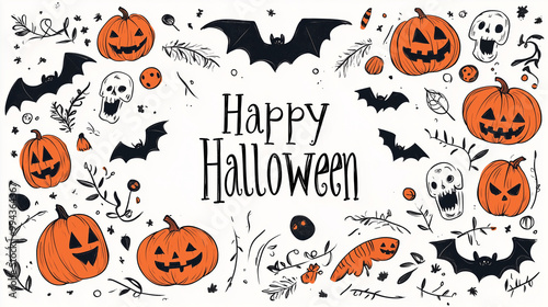 A simple banner with hand-drawn Halloween symbols like pumpkins, bats, and skulls, framed around the text "Happy Halloween", Halloween, banner