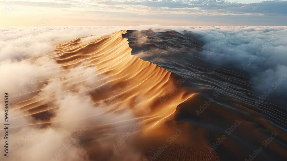 Experience the breathtaking beauty of sunlit sand dunes towering amidst swirling clouds during a serene morning Experience the breathtaking beauty of sunlit sand dunes towering amidst swirling clouds during a serene morning