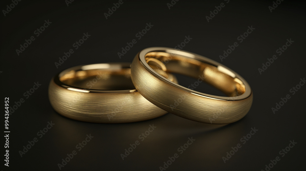 A pair of smooth yellow gold wedding rings with a subtle, brushed finish, resting on an isolated dark background. The focus is sharp and clear, highlighting the texture and shine of each ring