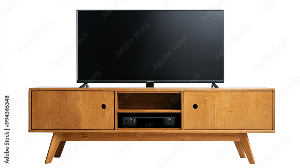Modern wooden TV stand with a large flat-screen television in a minimalist setting Modern wooden TV stand with a large flat-screen television in a minimalist setting