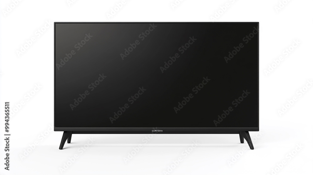Simple black television on a stand against a plain white background with no screen display Simple black television on a stand against a plain white background with no screen display