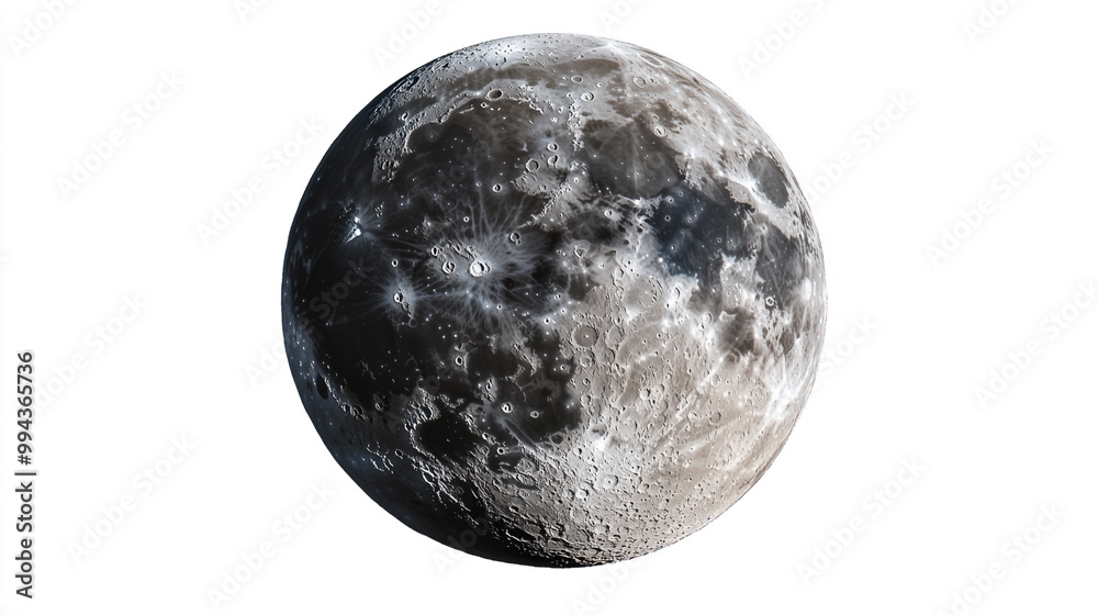 Detailed view of the moon showcasing its craters and surface texture against a white background Detailed view of the moon showcasing its craters and surface texture against a white background