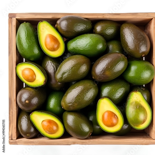 Wallpaper Mural A top-down view of a rustic wooden crate filled with fresh avocados, neatly arranged against a clean white background. Torontodigital.ca