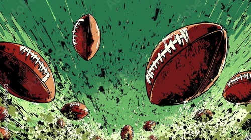 Dynamic comic-style illustration of American footballs in motion with an energetic and colorful background photo