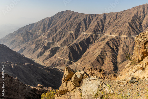 Deep valley with King Fahd Road in Sarawat mountains near Al Baha, Saudi Arabia photo