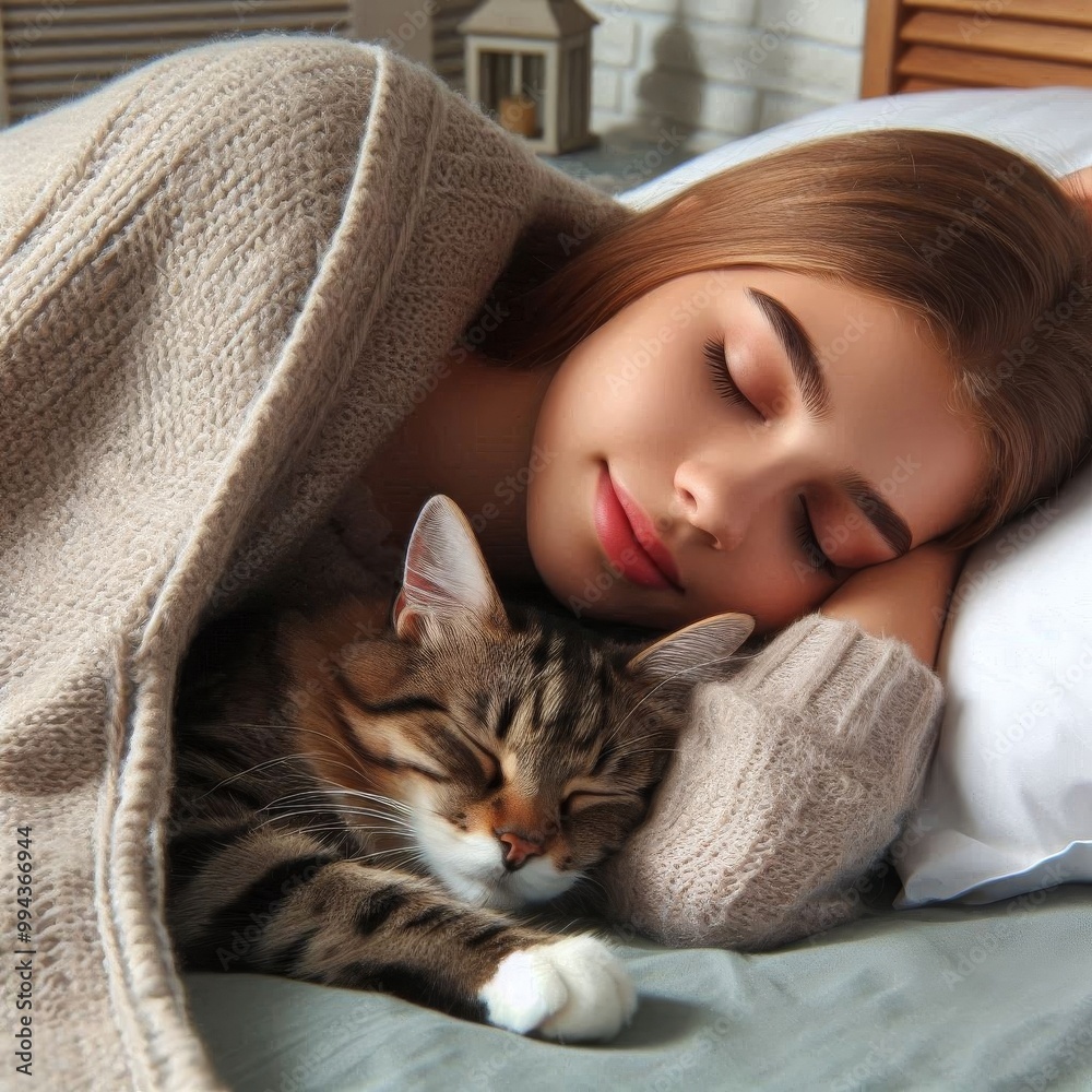 A teenage girl and a tabby cat lying under a blanket on the bed and sleep. Keeping warm in the cold winter Pets and friendship concept. Quarantine. Holidays. Stay home. Self-isolation. Social distance A teenage girl and a tabby cat lying under a blanket on the bed and sleep. Keeping warm in the cold winter Pets and friendship concept. Quarantine. Holidays. Stay home. Self-isolation. Social distance