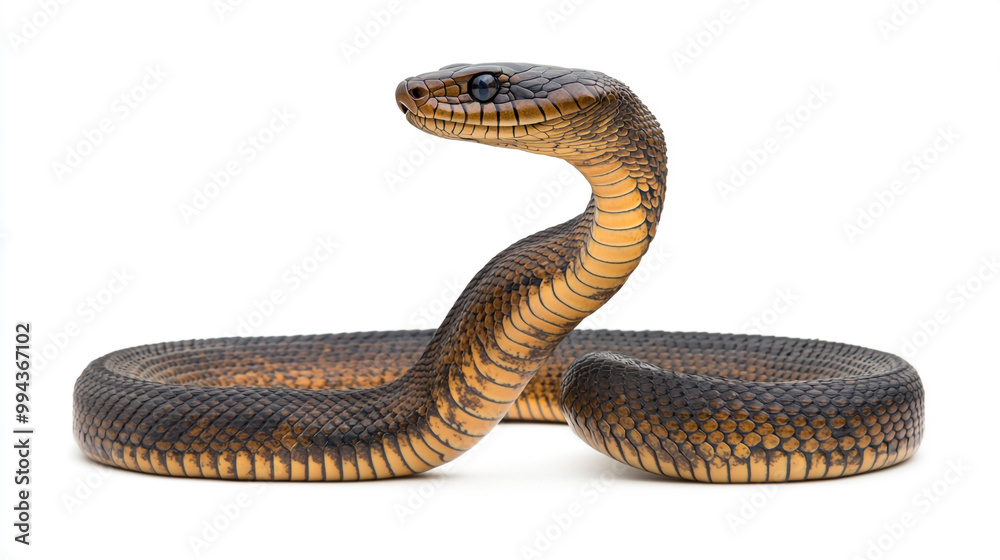 A golden tree snake coiled gracefully on a white background during a calm indoor moment A golden tree snake coiled gracefully on a white background during a calm indoor moment