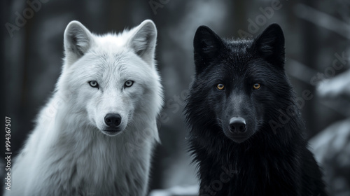 Closeup Black and White Wolves in Winter Forest
