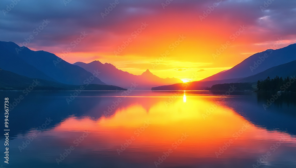 Vibrant sunset over a serene lake with mountain reflections Vibrant sunset over a serene lake with mountain reflections