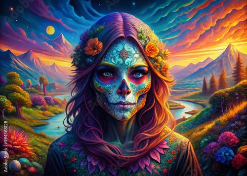 Mysterious Ghost Face Painting with Dramatic Colors and Intricate Details on Canvas Artwork Display