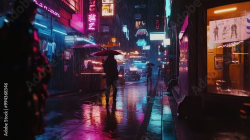 Rainy cyberpunk alley with neon reflections and futuristic street vendors