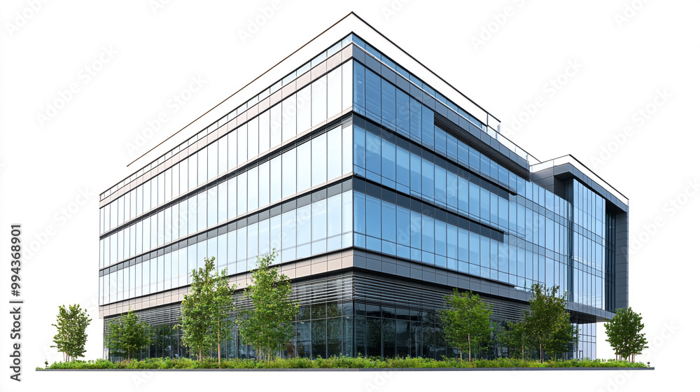 Modern office building with large glass windows and green landscaping in an urban setting