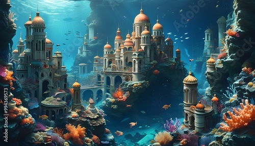 Enchanting underwater city inhabited by merpeople, vibrant sea creatures, and intricate coral architecture photo