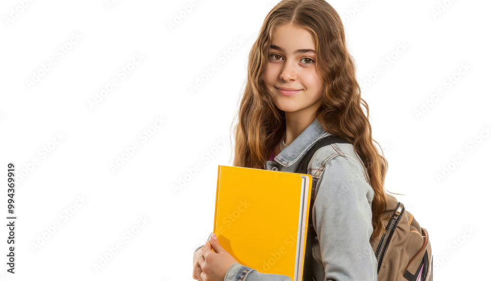 photo of a cute young girl college student posing with a yellow notebook on a white background photo of a cute young girl college student posing with a yellow notebook on a white background