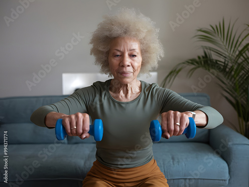 Anciana afroamericana con un afro haciendo ejercicio en casa
 photo