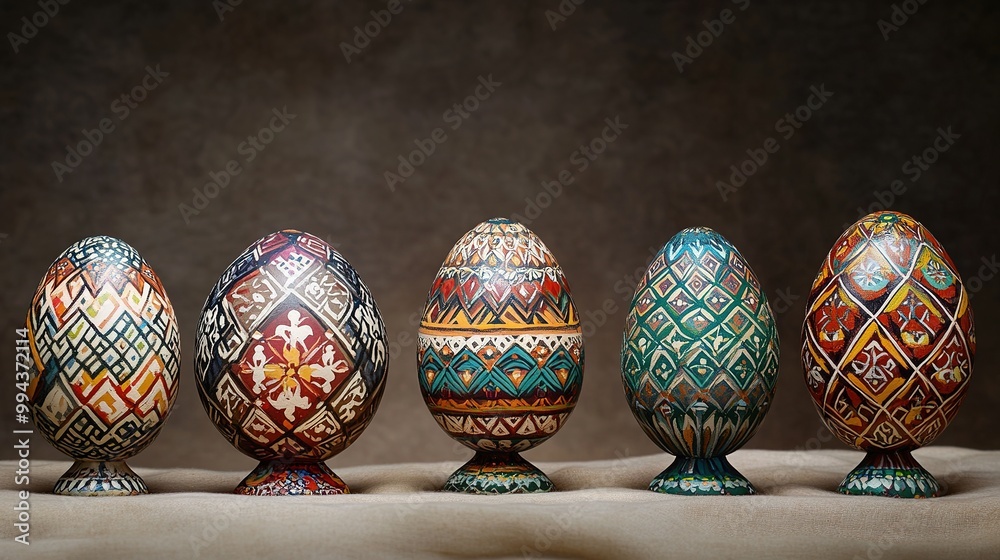 A collection of beautifully handcrafted Easter eggs, intricately decorated with traditional patterns A collection of beautifully handcrafted Easter eggs, intricately decorated with traditional patterns