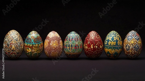 A collection of beautifully handcrafted Easter eggs, intricately decorated with traditional patterns