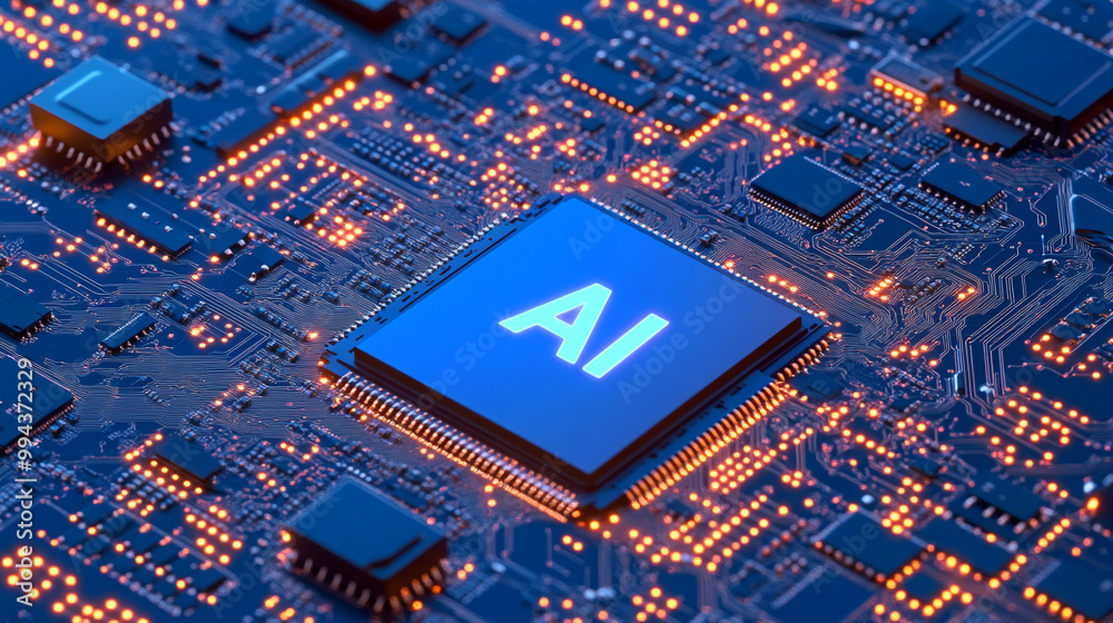 Exploring AI technology on a microchip with intricate circuit patterns and glowing elements Exploring AI technology on a microchip with intricate circuit patterns and glowing elements
