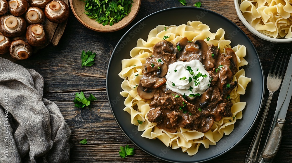 A flat lay of rich beef stroganoff over egg noodles, served with mushrooms and sour cream, set against a cozy, rustic kitchen table backdrop
