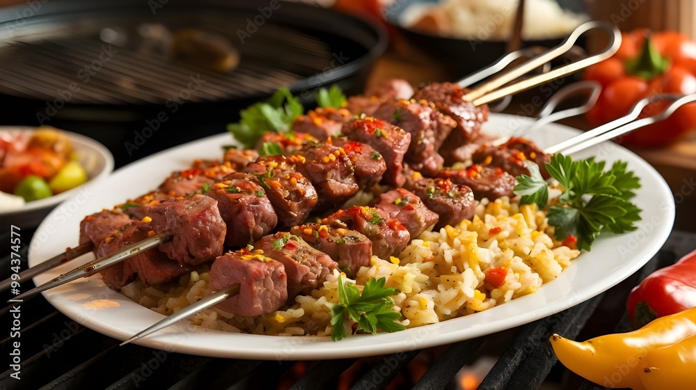 Shish kebab BBQ meat with onions and tomatoes. Meat kebab on skewers on a barbecue grill with vegetables. Grilled kebab. Shish kebab BBQ meat with onions and tomatoes. Meat kebab on skewers on a barbecue grill with vegetables. Grilled kebab.