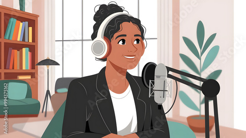 illustration A beautiful young woman with headphones on, smiling and sitting in front of the mic for podcasting at home