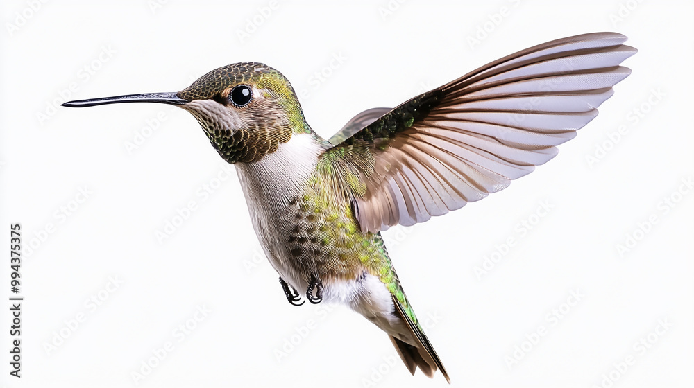 A hummingbird in flight showcasing vibrant feathers against a white background A hummingbird in flight showcasing vibrant feathers against a white background