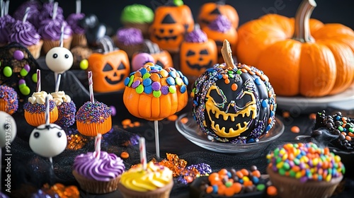 A colorful assortment of Halloween-themed candies and desserts displayed on a festive table, including cake pops and decorated cookies