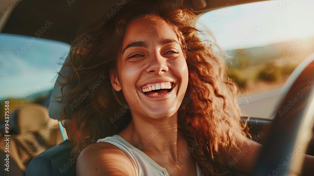 Happy woman driving with a big smile! She's enjoying being on the open road in her car. Happy woman driving with a big smile! She's enjoying being on the open road in her car.