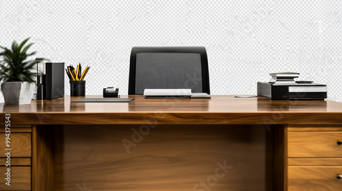 Modern wooden desk with office supplies ready for work in a minimalist workspace setting