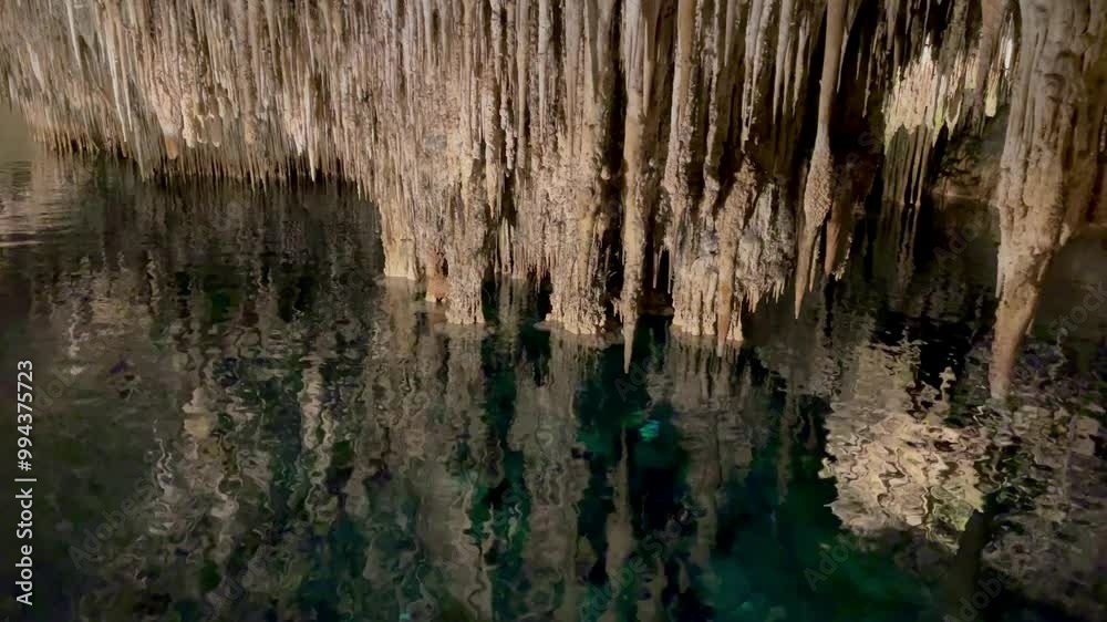 Background. Inside the cave. Underwater reservoir. Camera movement, bizarre and beautiful stalactites and stalagmites. Reflection of these stone structures in the water of the underground reser Background. Inside the cave. Underwater reservoir. Camera movement, bizarre and beautiful stalactites and stalagmites. Reflection of these stone structures in the water of the underground reser