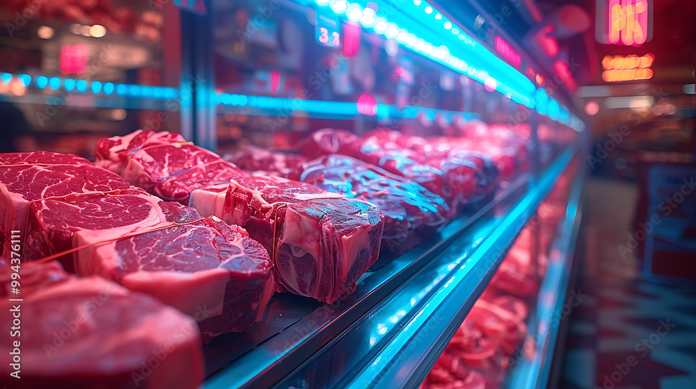 Meat aisle with various cuts displayed in a refrigerated grocery section. close-up of a meat fridge in a grocery store filled with various cuts of fresh meat various cuts of beef, pork and other meats Meat aisle with various cuts displayed in a refrigerated grocery section. close-up of a meat fridge in a grocery store filled with various cuts of fresh meat various cuts of beef, pork and other meats