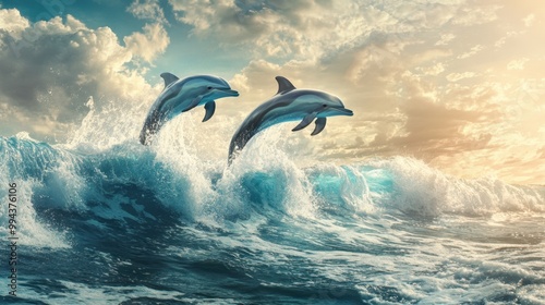 Whimsical scene of playful dolphins jumping out of the ocean waves