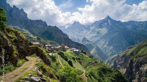 Hike to a mountain village along a narrow path with sharp rocks and steep cliffs in the Caucasus region.