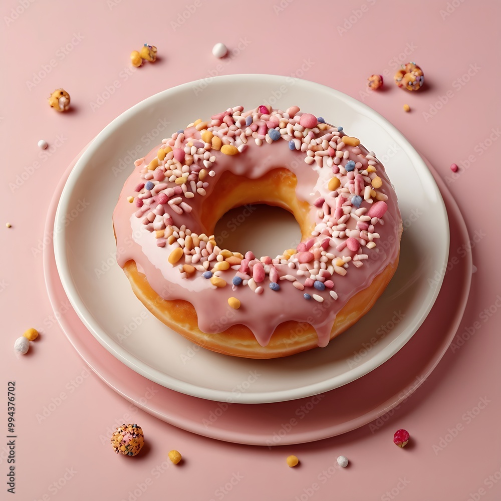 Delicious fresh donuts with topping arrangement in white background, assortment of pastel donuts with colorful sprinkles for sweet treat celebration