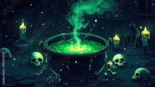 A witchs cauldron bubbling with green potion, with skulls and bones scattered around, lit by the dim glow of candles, skull, vector style photo