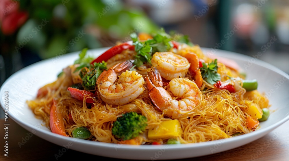 A plate of Singapore noodles with shrimp, curry powder, and colorful vegetables, set on a modern white dish with a bustling Asian market backdrop