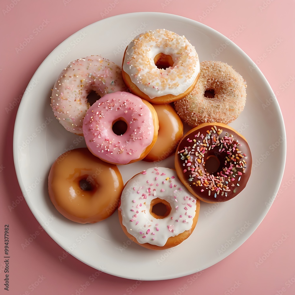 Delicious fresh donuts with topping arrangement in white background, assortment of pastel donuts with colorful sprinkles for sweet treat celebration
