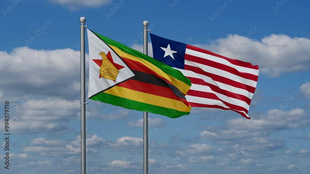 Liberia and Zimbabwe flags flying together, video concept of the relationship, two country cooperation concept Liberia and Zimbabwe flags flying together, video concept of the relationship, two country cooperation concept