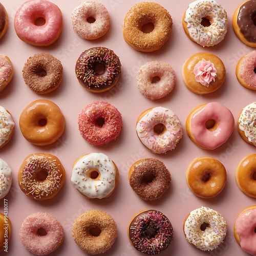 Delicious fresh donuts with topping arrangement in white background, assortment of pastel donuts with colorful sprinkles for sweet treat celebration