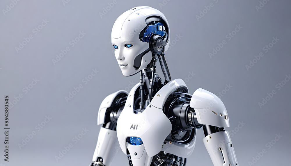 Naklejka premium Artificial intelligence robot working at computer in office. IT team, Humanoid support center, Futuristic worker, Work at call center. Generative AI