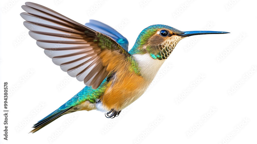 Fototapeta premium A colorful hummingbird in mid-flight displaying iridescent feathers against a plain background