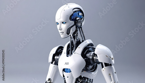 Artificial intelligence robot working at computer in office. IT team, Humanoid support center, Futuristic worker, Work at call center. Generative AI