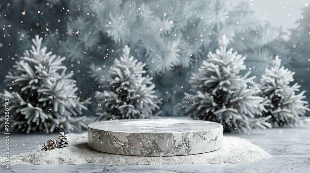 Fototapeta premium Merry Christmas! Winter stone podium with a blank marble scene. Empty pedestal in front view. Winter tree banner.