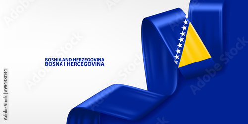 Bosnia and Herzegovina 3D ribbon flag. Bent waving 3D flag in colors of the Bosnia and Herzegovina national flag. National flag background design. photo