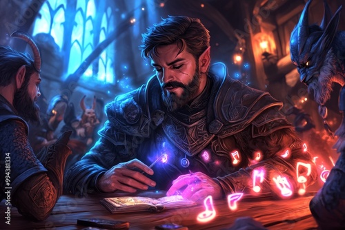 A fantasy bard telling stories in a medieval tavern, with enchanted musical notes and magical creatures listening intently