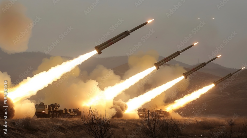 Obraz premium Missiles were launched from rocket launchers during military training exercises.