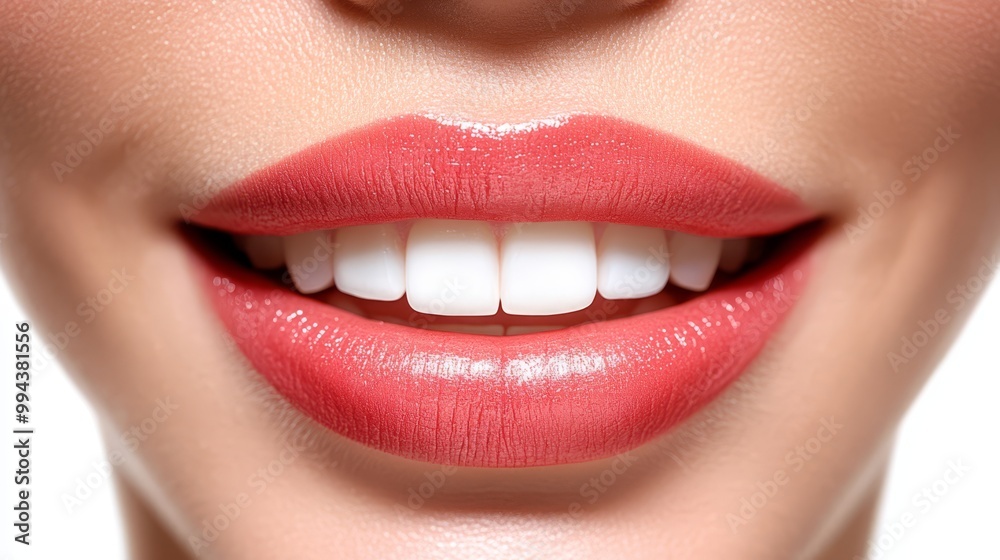 Obraz premium A close-up of a woman's mouth displays a beautiful smile with a pinkish tint, set against a pristine white background that enhances the vibrant colors and details