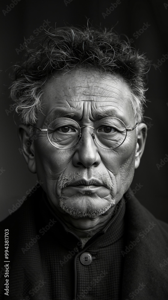 A black and white photo of an older man with glasses A black and white photo of an older man with glasses