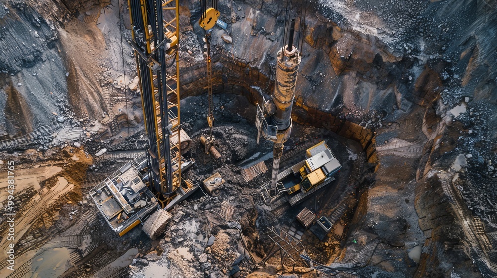 Modern drilling machine creates deep foundations in the ground using a vibroflotation probe. This technique, known as vibro compaction, improves the ground's stability and strength.